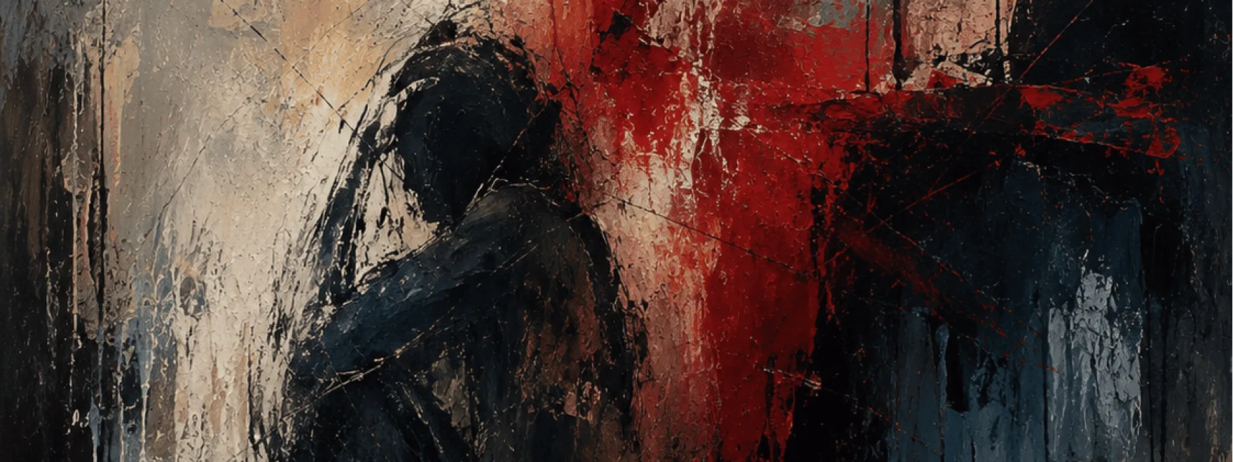 Textured abstract painting of a person curled inward against streaks of deep red and black